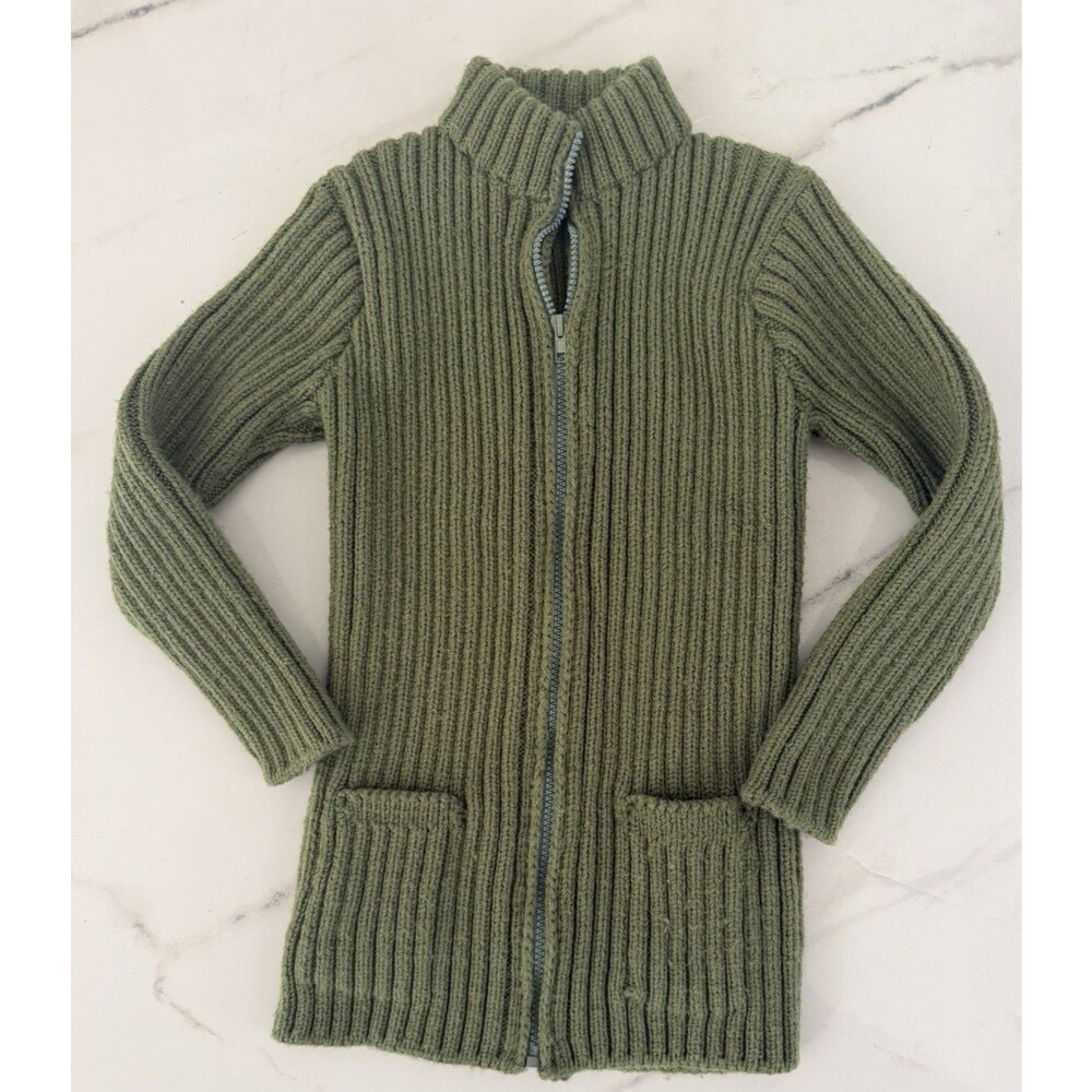 Girl's sweater cardigan heavy handmade Knit full zip Sweater Girls xs 4-5 green